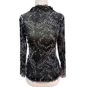 Sheer Mesh Mock Neck Long Sleeve Top Abstract Print Lettuce Trim Gothic Ethereal